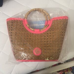 Lilly Pulitzer Woven Rattan Tote with Pink Trim and Bamboo Handles